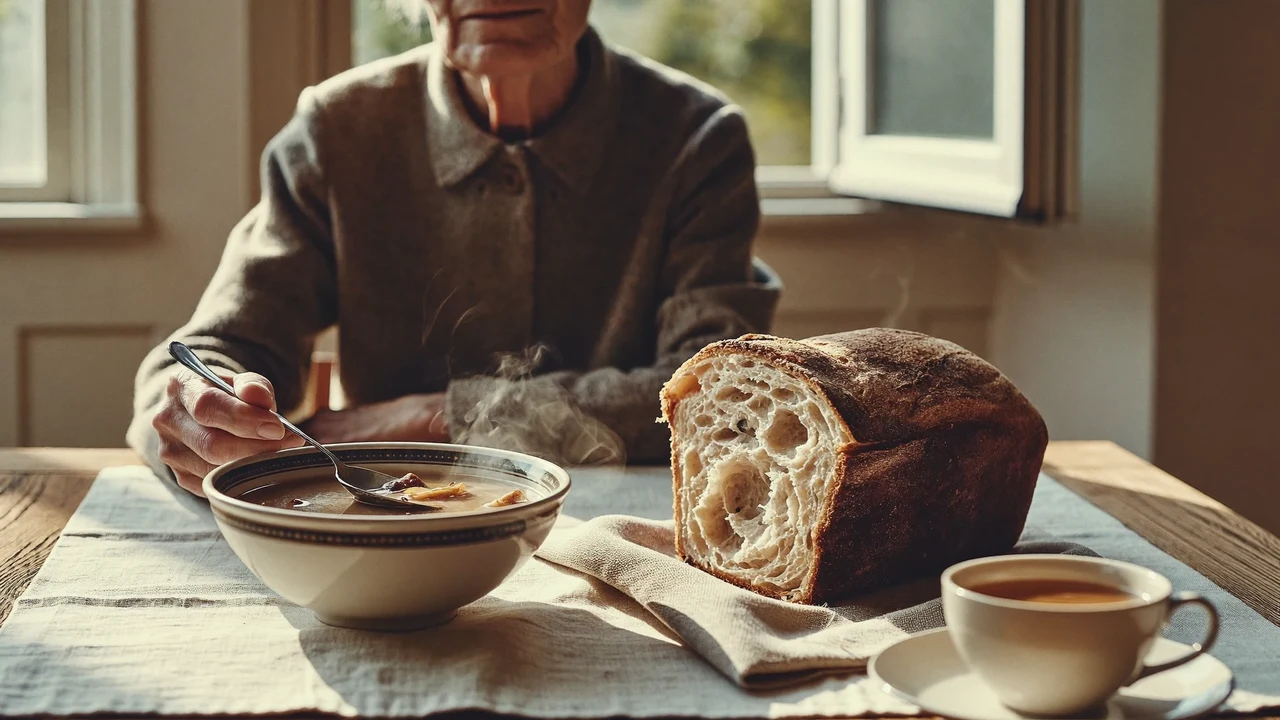 Tavola sobria vicino alla finestra con zuppa fumante, pane morbido e una tazza di tè