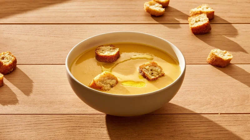 Vellutata di zucca e carote in ciotola di ceramica con crostini morbidi