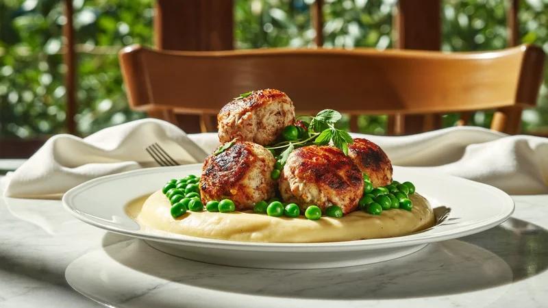 Polpette di pollo tenere con purè cremoso e piselli su piatto avorio