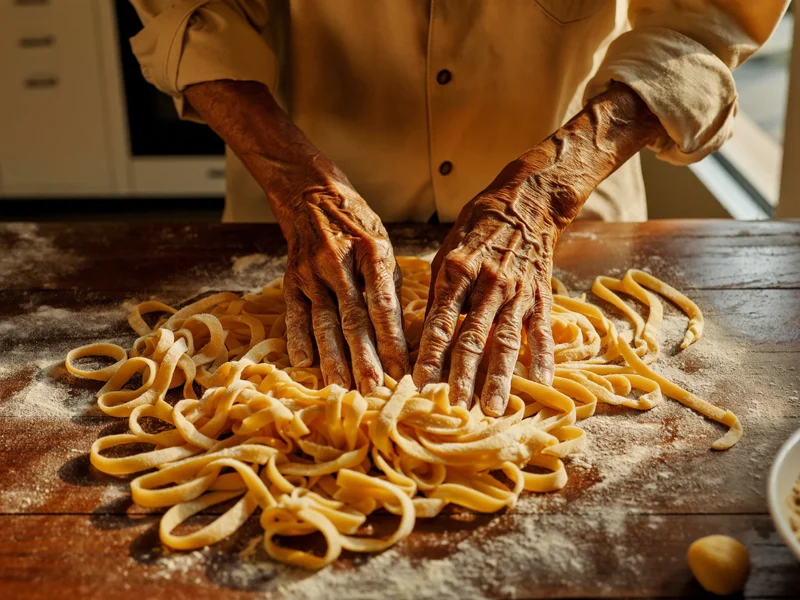 Mani anziane che impastano con delicatezza pasta fresca su piano infarinato