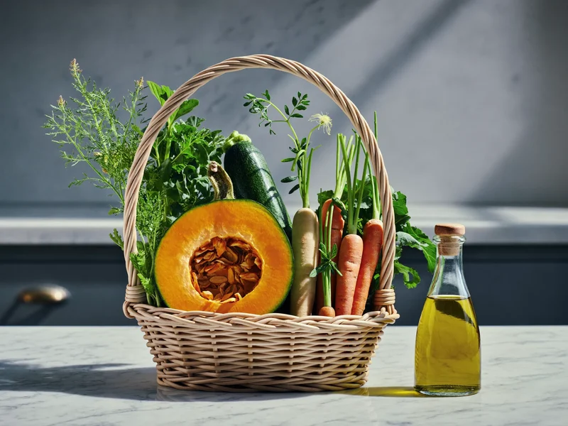 Cesto di verdure di stagione e olio d'oliva su un ripiano di marmo