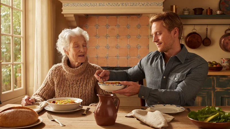Nipote che serve una zuppa alla nonna in una cucina domestica
